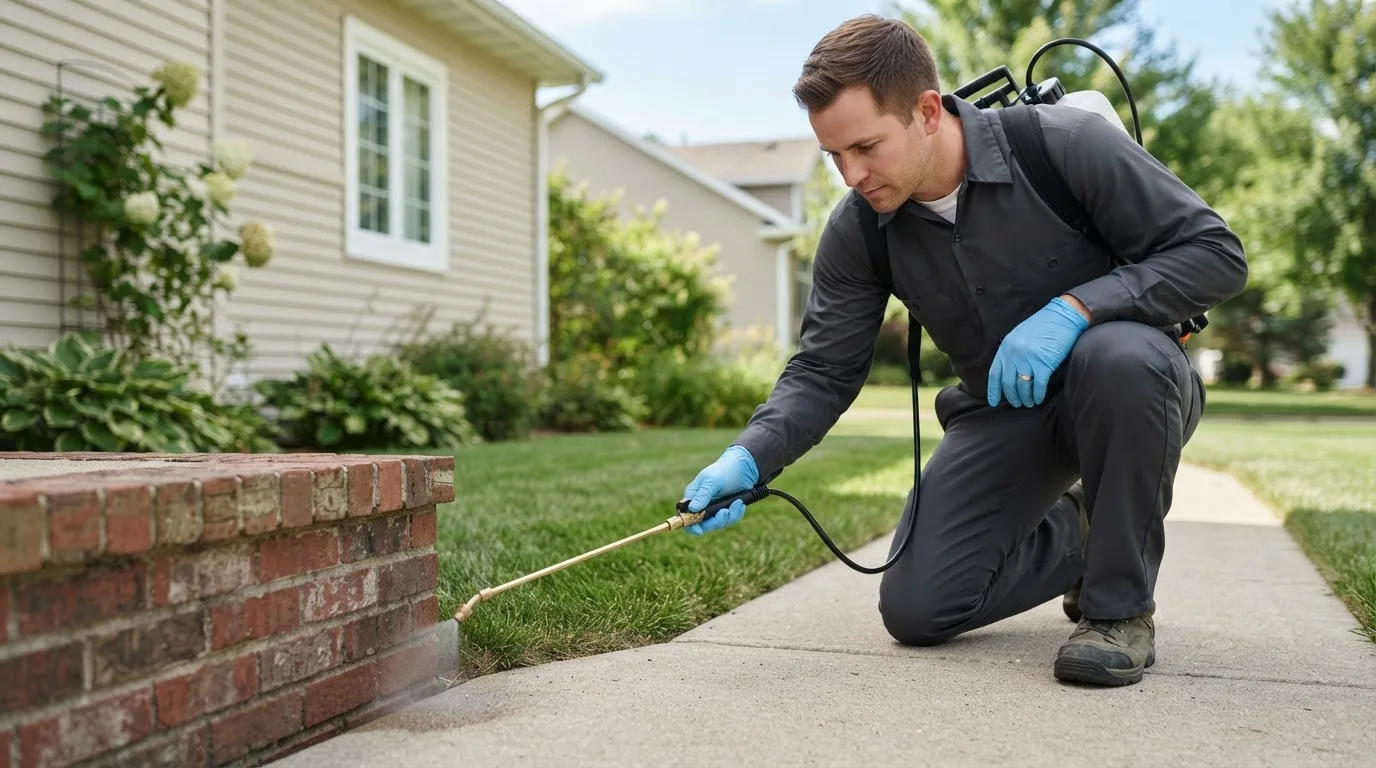 Pest control technician treating a home near West, MS